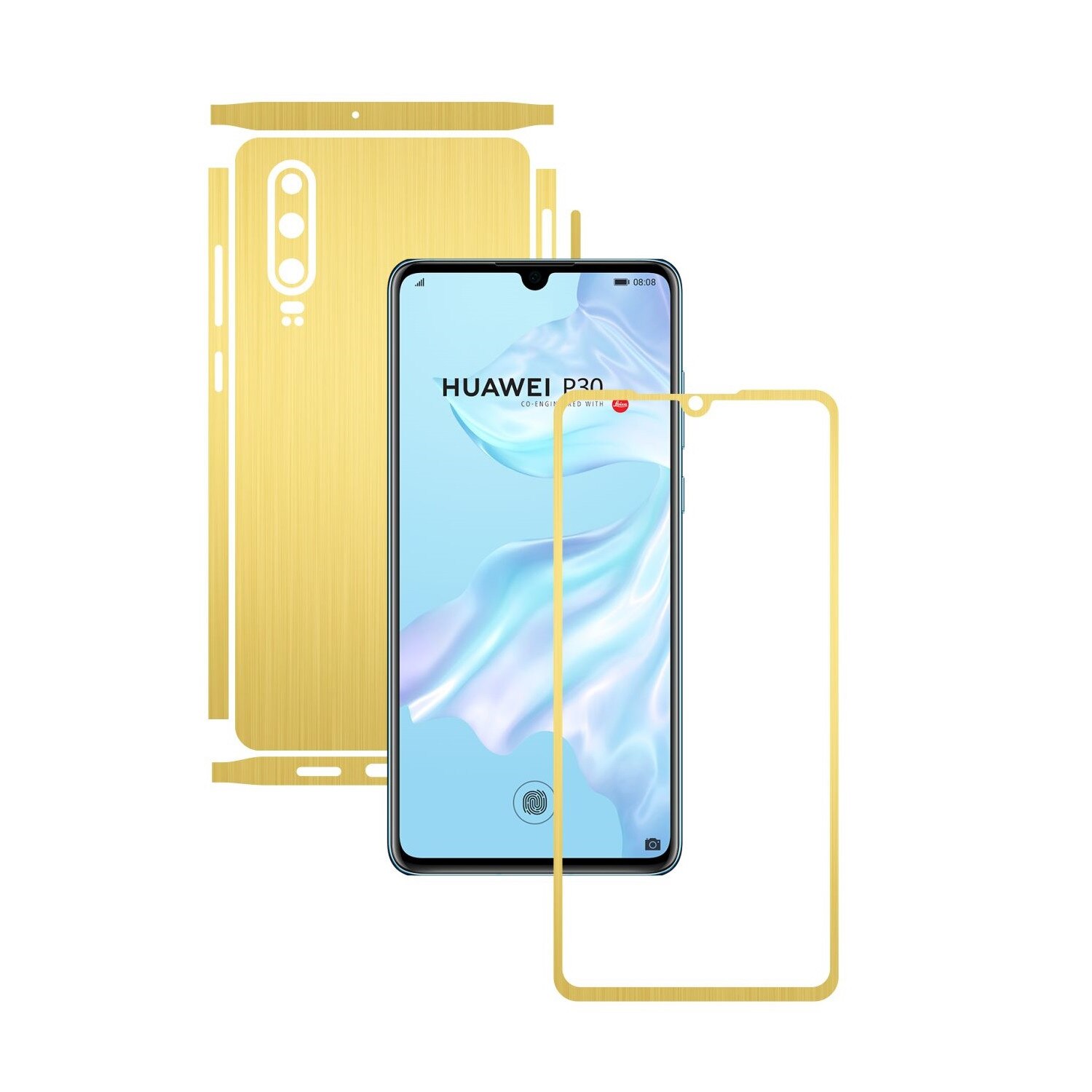 Folie Protectie Carbon Skinz pentru Huawei P30 - Brushed Auriu Split Cut, Skin Adeziv Full Body Cover pentru Rama Ecran, Carcasa Spate si Laterale