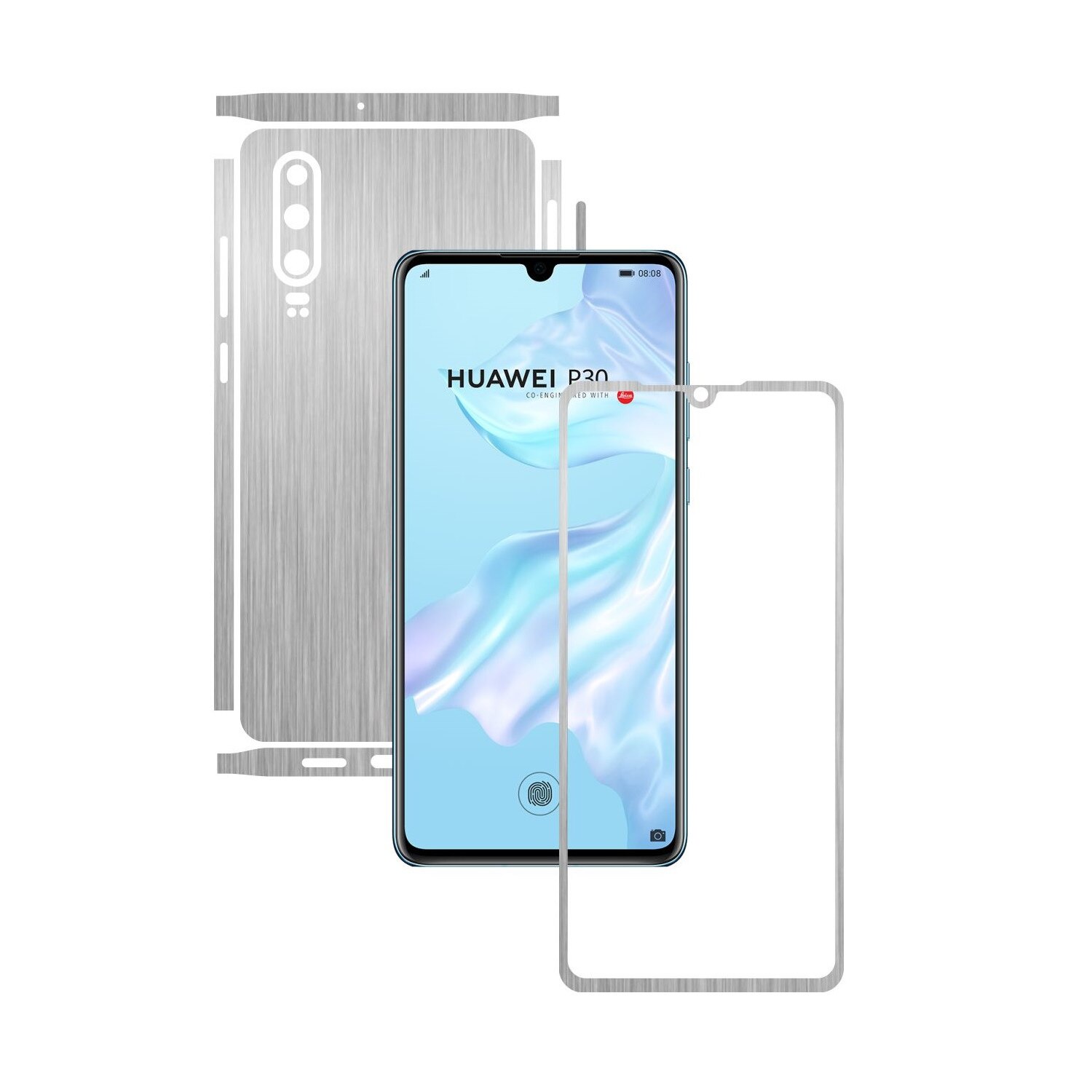 Folie Protectie Carbon Skinz pentru Huawei P30 - Brushed Argintiu Split Cut, Skin Adeziv Full Body Cover pentru Rama Ecran, Carcasa Spate si Laterale