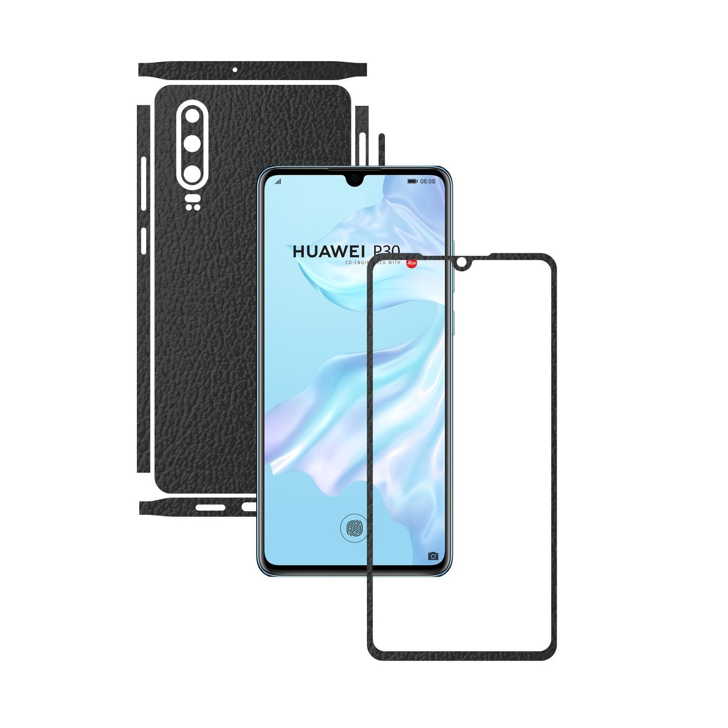 Folie Protectie Carbon Skinz pentru Huawei P30 - Piele Neagra Split Cut, Skin Adeziv Full Body Cover pentru Rama Ecran, Carcasa Spate si Laterale