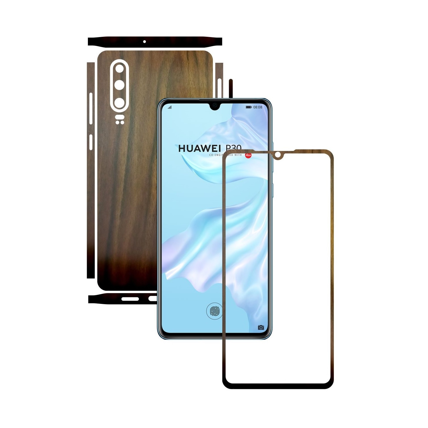 Folie Protectie Carbon Skinz pentru Huawei P30 - Lemn Nuc Split Cut, Skin Adeziv Full Body Cover pentru Rama Ecran, Carcasa Spate si Laterale