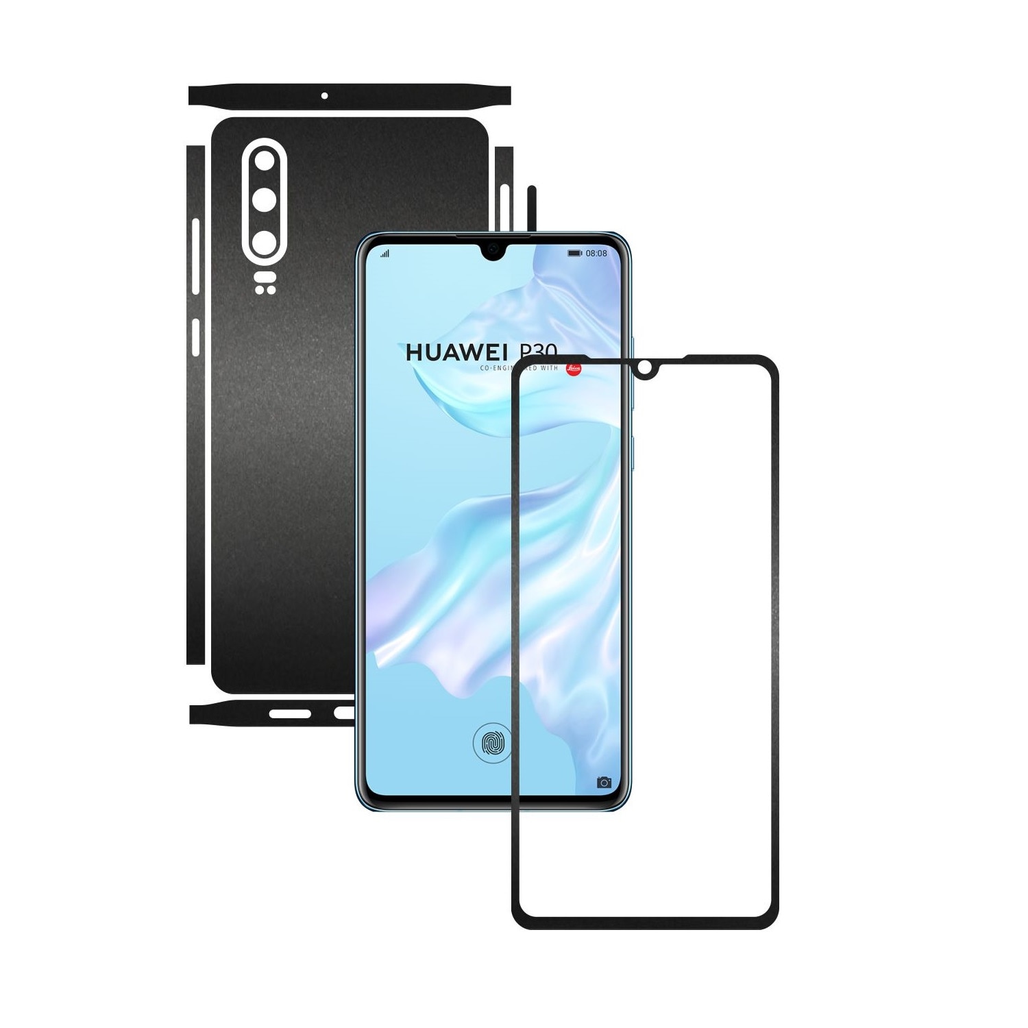 Folie Protectie Carbon Skinz pentru Huawei P30 - Negru Mat Split Cut, Skin Adeziv Full Body Cover pentru Rama Ecran, Carcasa Spate si Laterale