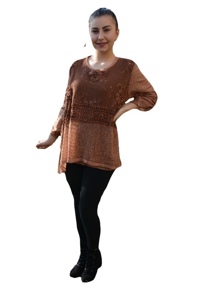 Bluza Lianne din tricot cu insertii de de paiete si broderie,D&J Exclussive, Maro