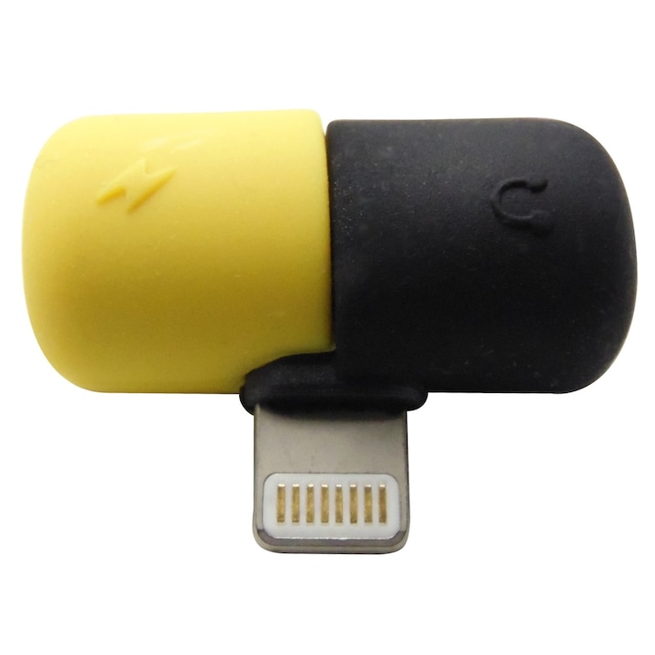 OEM Elosztó adapter villámcsatlakozóval, töltő és csatlakozó fejhallgatóval, Apple iPhone 7, 7 Plus, 8, 8 Plus, X, XS, XR, fekete sárgával