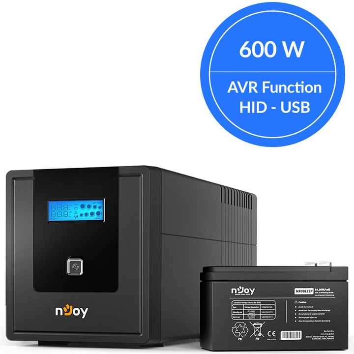 UPS NJOY Cadu 1000, 1000VA/600W, Line Interactive, AVR, Автоматично рестартиране, LCD дисплей