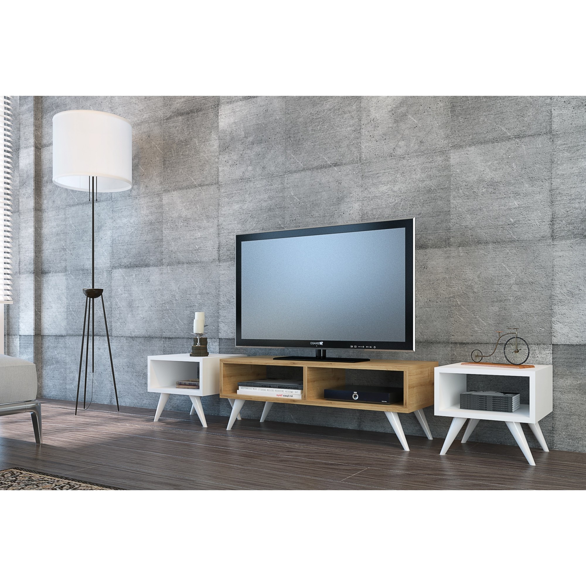 Set Comoda TV Vinca 35X90X37,6 cm, Alb/Stejar