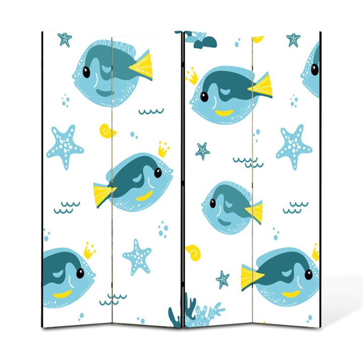 Paravan 4 piese Premium Heartwork TrueColor Pestisori turcoaz, Panza pe cadru de lemn, Decoratiuni Moderne pentru Casa, 4 x 35 x 150 cm, 140 x 150 cm