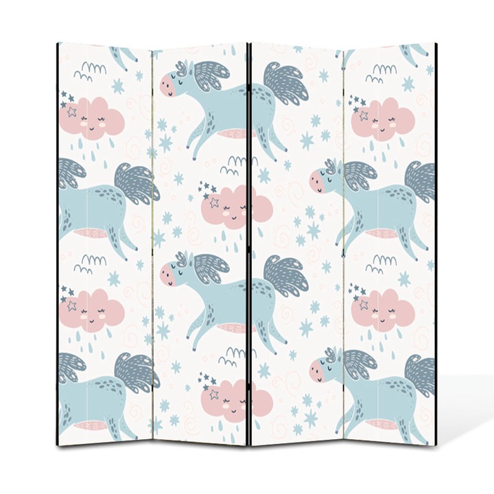 Paravan 4 piese Premium Heartwork TrueColor Cal albastru printre nori, Panza pe cadru de lemn, Decoratiuni Moderne pentru Casa, 4 x 35 x 150 cm, 140 x 150 cm