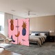 Paravan 4 piese Premium Heartwork TrueColor Ananas si banane pe fundal roz, Panza pe cadru de lemn, Decoratiuni Moderne pentru Casa, 4 x 35 x 150 cm, 140 x 150 cm