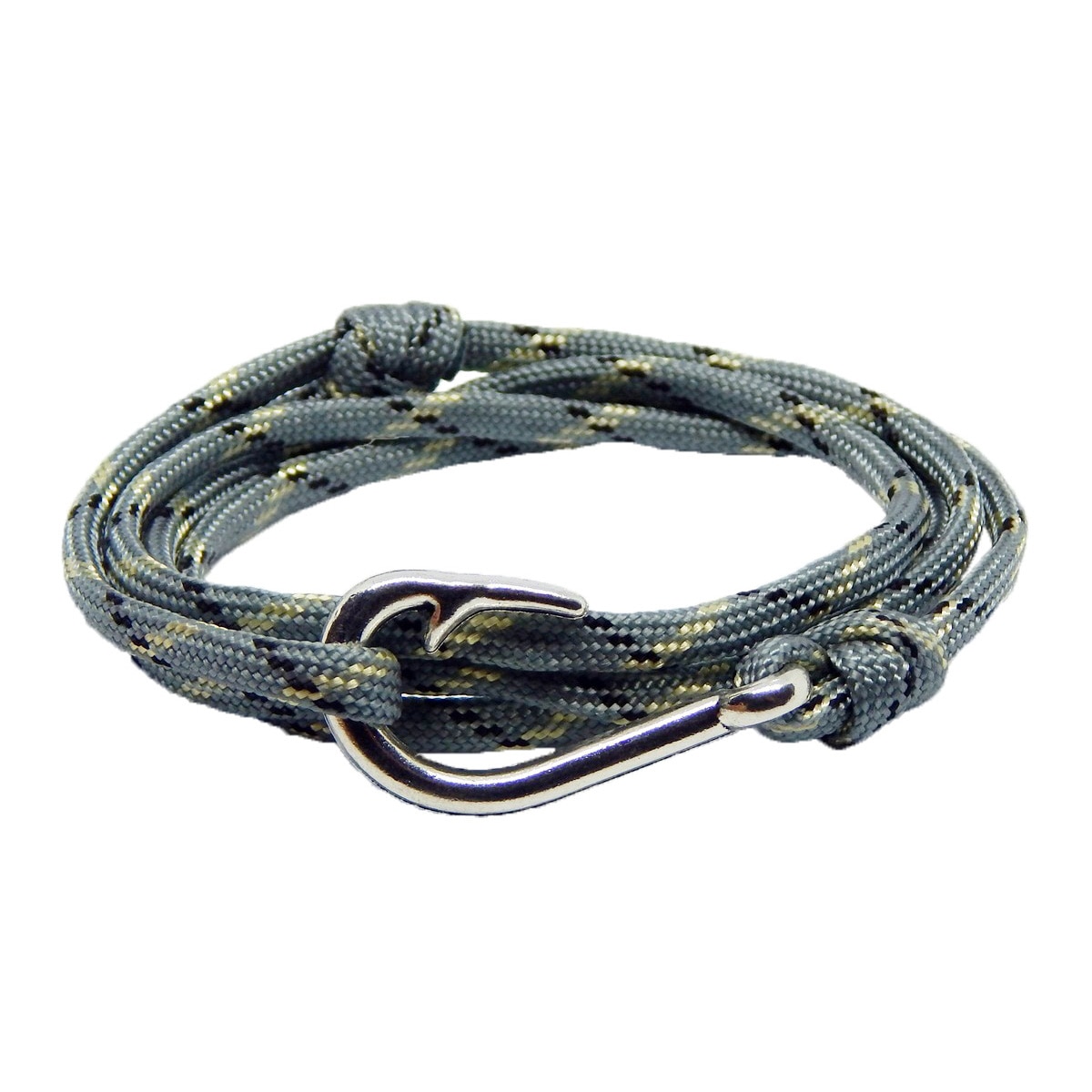 Bratara reglabila din snur paracord multicolor, preponderent gri si inchizatoare Fish Hook