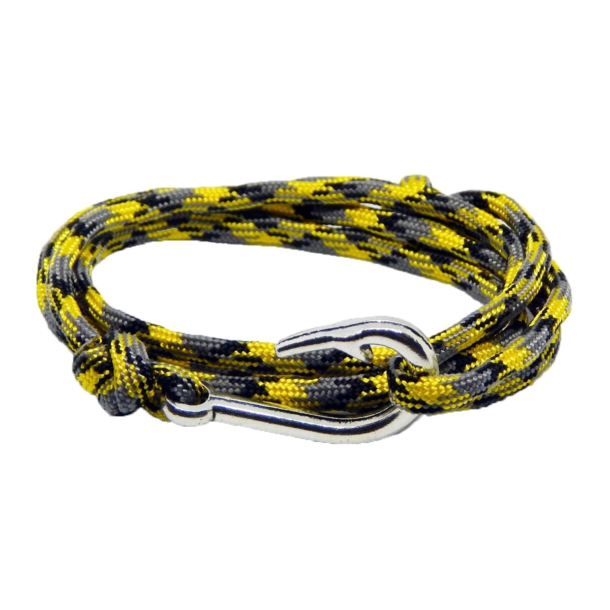 Bratara reglabila din snur paracord multicolor, preponderent galben si inchizatoare Fish Hook