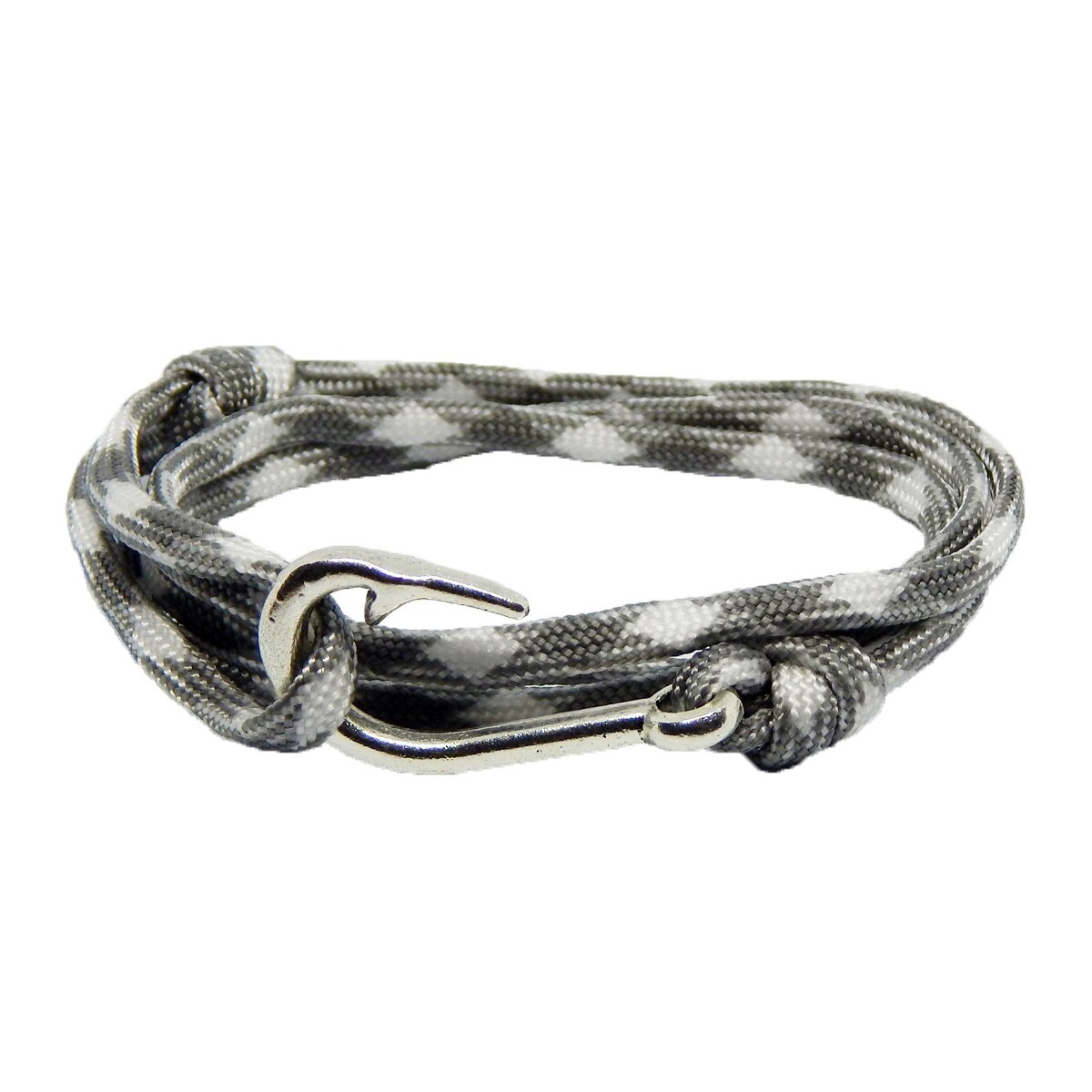 Bratara reglabila din snur paracord alb cu gri si inchizatoare Fish Hook