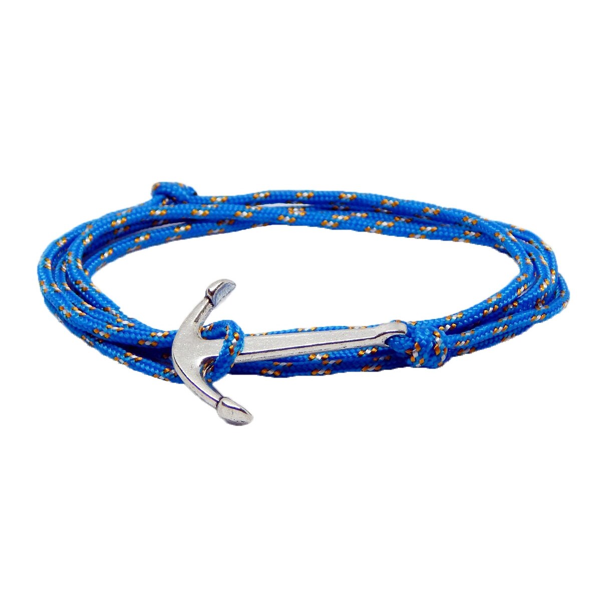 Bratara reglabila din snur paracord multicolor, preponderent albastru deschis si inchizatoare tip Ancora