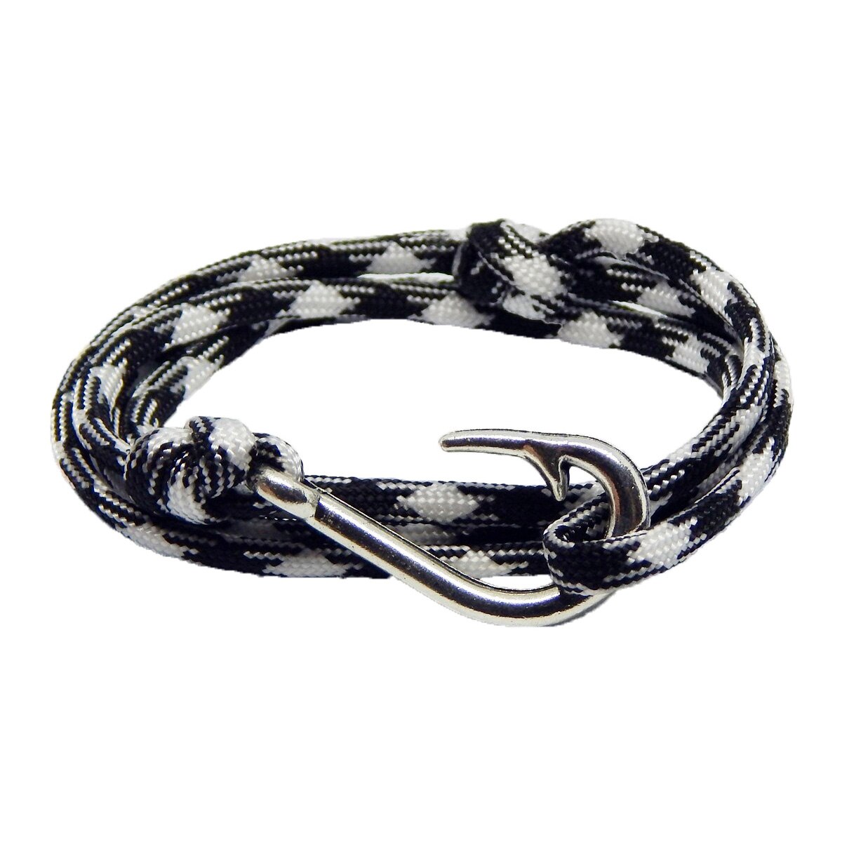 Bratara reglabila din snur paracord alb cu negru si inchizatoare Fish Hook