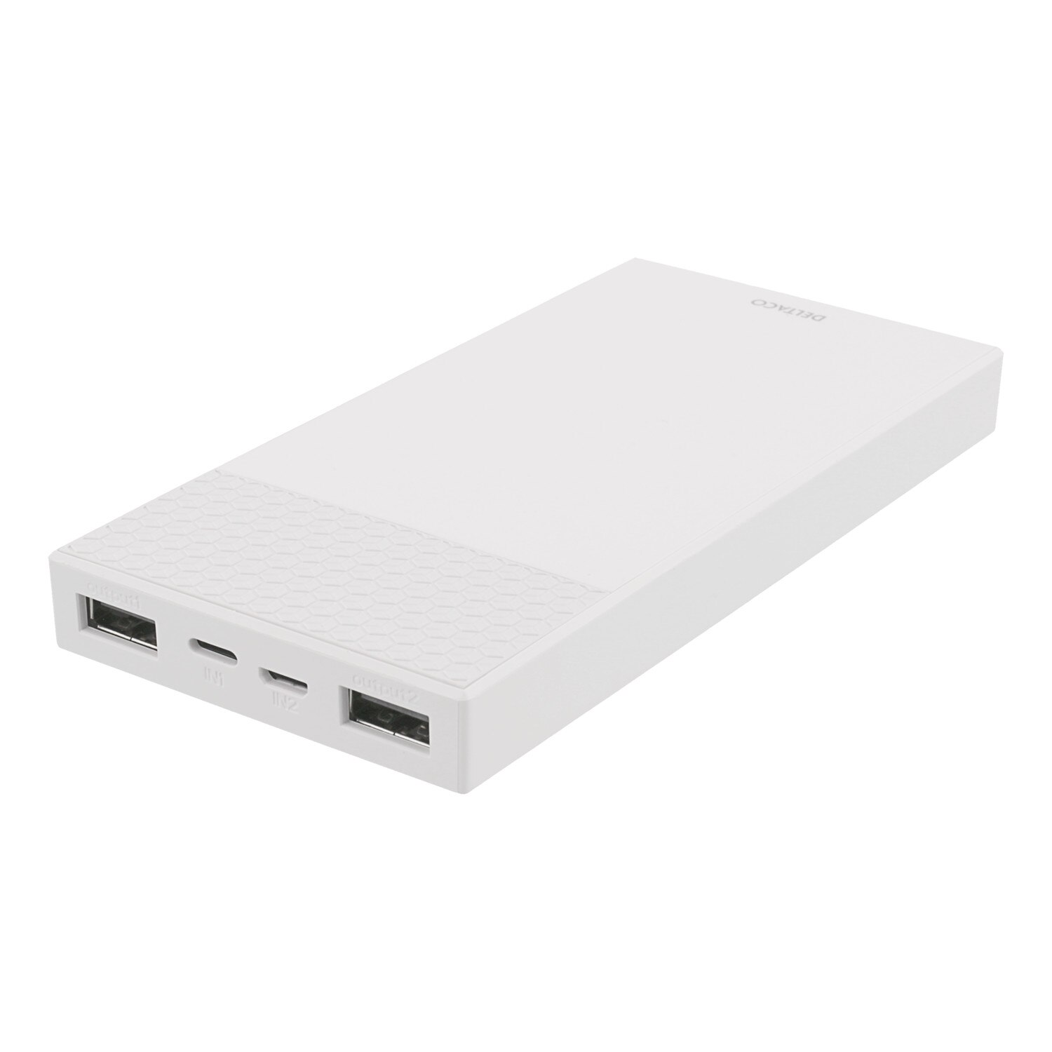 Power bank 10000 mAh DELTACO, lithium-ion polymern, 2 iesiri USB-A, 1 intrare Lighting, 1 intrare MicroUSB, alb