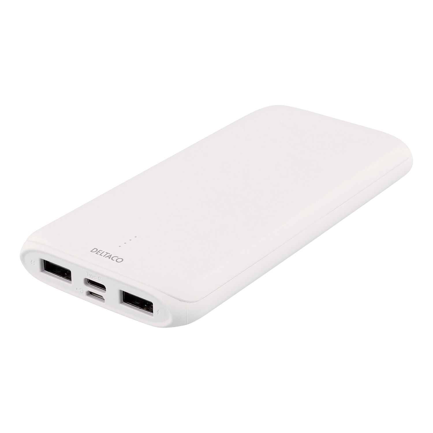 Power bank 10000 mAh DELTACO, 2 iesiri USB-A si 1 iesire USB-C, 1 intrare USB-C si 1 intrare MicroUSB, alb