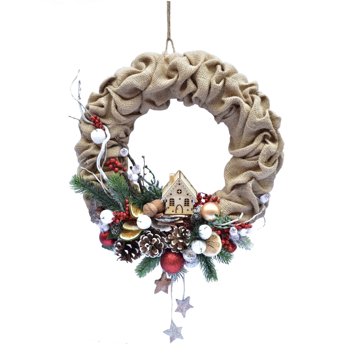 Coronita Craciun, First Event, cu globuri, conuri si casuta, multicolor, diametru 35 cm