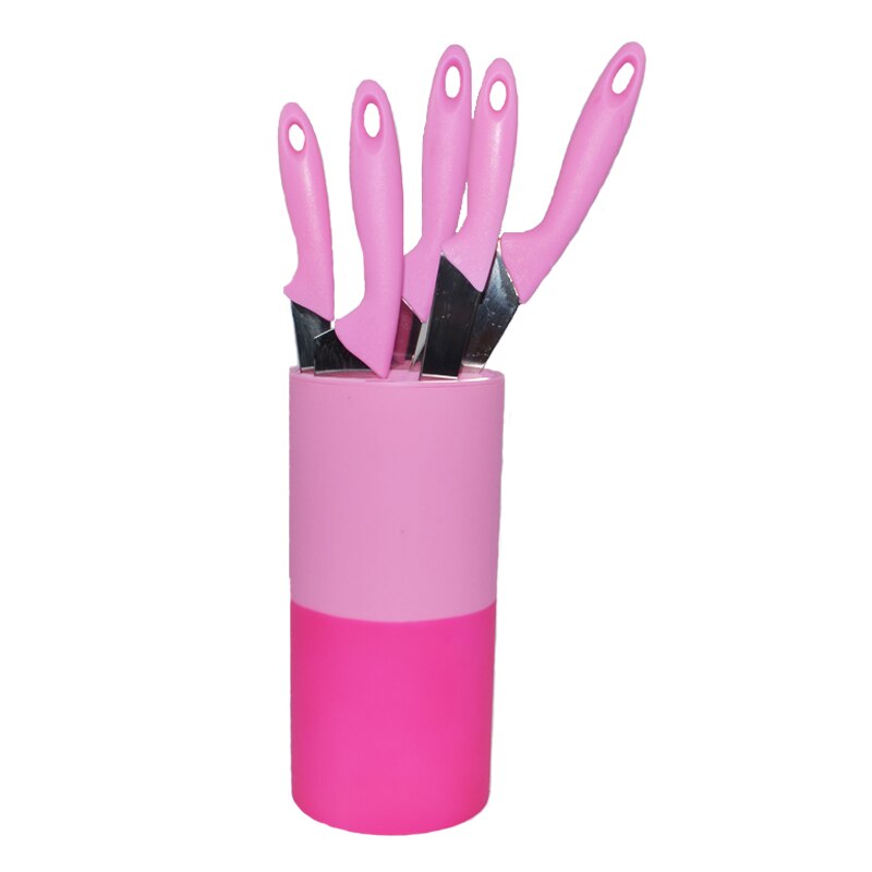 Set de cutite 5 piese, suport rotund din plastic, Roz