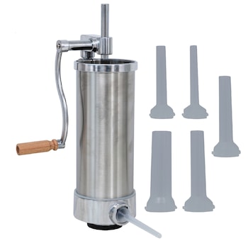 Masina de Umplut Carnati Alpin Profi, 4Kg, INOX, 5 Palnii Incluse, Model nou, Aparat Manual Vertical Masina de Umplut Carnati Alpin Profi, 4Kg, INOX, 5 Palnii Incluse, Model nou, Aparat Manual Vertical