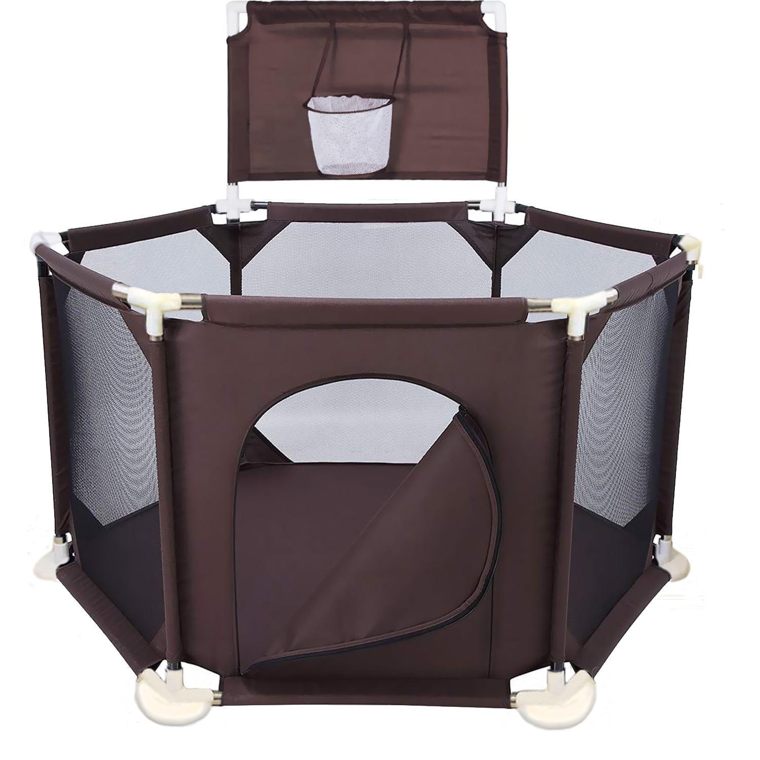 Tarc interactiv pentru copii, cu Salteluta interactiva, 5 Jucarii, Cos de baschet, cadru metalic 126x65 cm - CLD Care Love Devotion, Maro