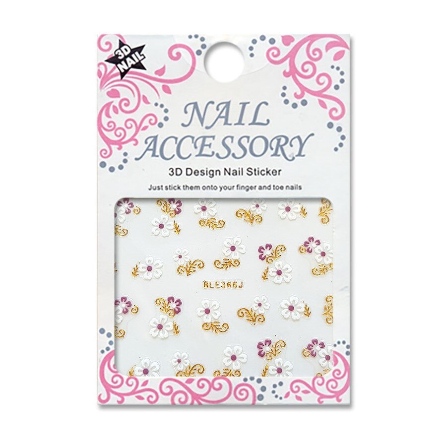 Decoratiuni cu efect acrilic 3D, MoonbasaNails, BLE366J-WG, Flori, Auriu/Alb