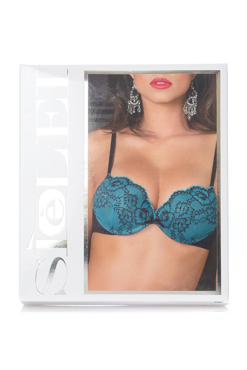 Sutien de colectie, triplu push-up cu aer si gel, din dantela, triplu voal si catifea, Intimamoda Emerald 6668, Smarald/Negru