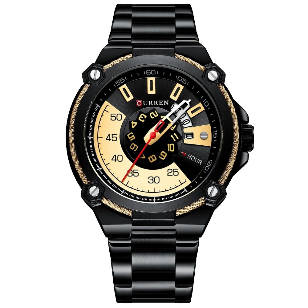 Ceas Curren Unisex Quartz Casual Elegant Negru/auriu, PN999682NGD, curea din metal (zale), afisaj Analog