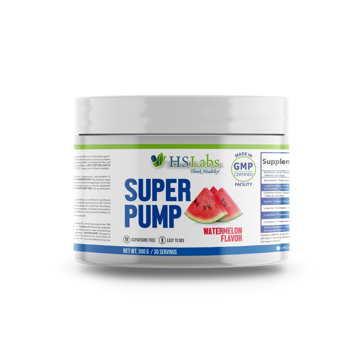 Хранителна добавка, Предтренировъчен продукт, Pre-Workout, Super Pump, HS Labs, 300 g, диня