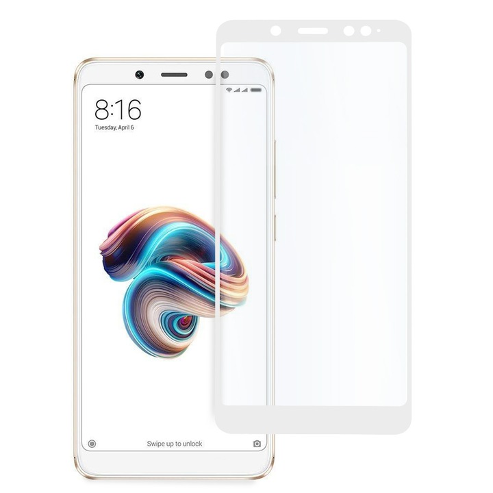 Teljesen ragasztós üvegvédő Xiaomi Redmi Note 5-höz, edzett üveg, teljes burkolat és ragasztó, fehér