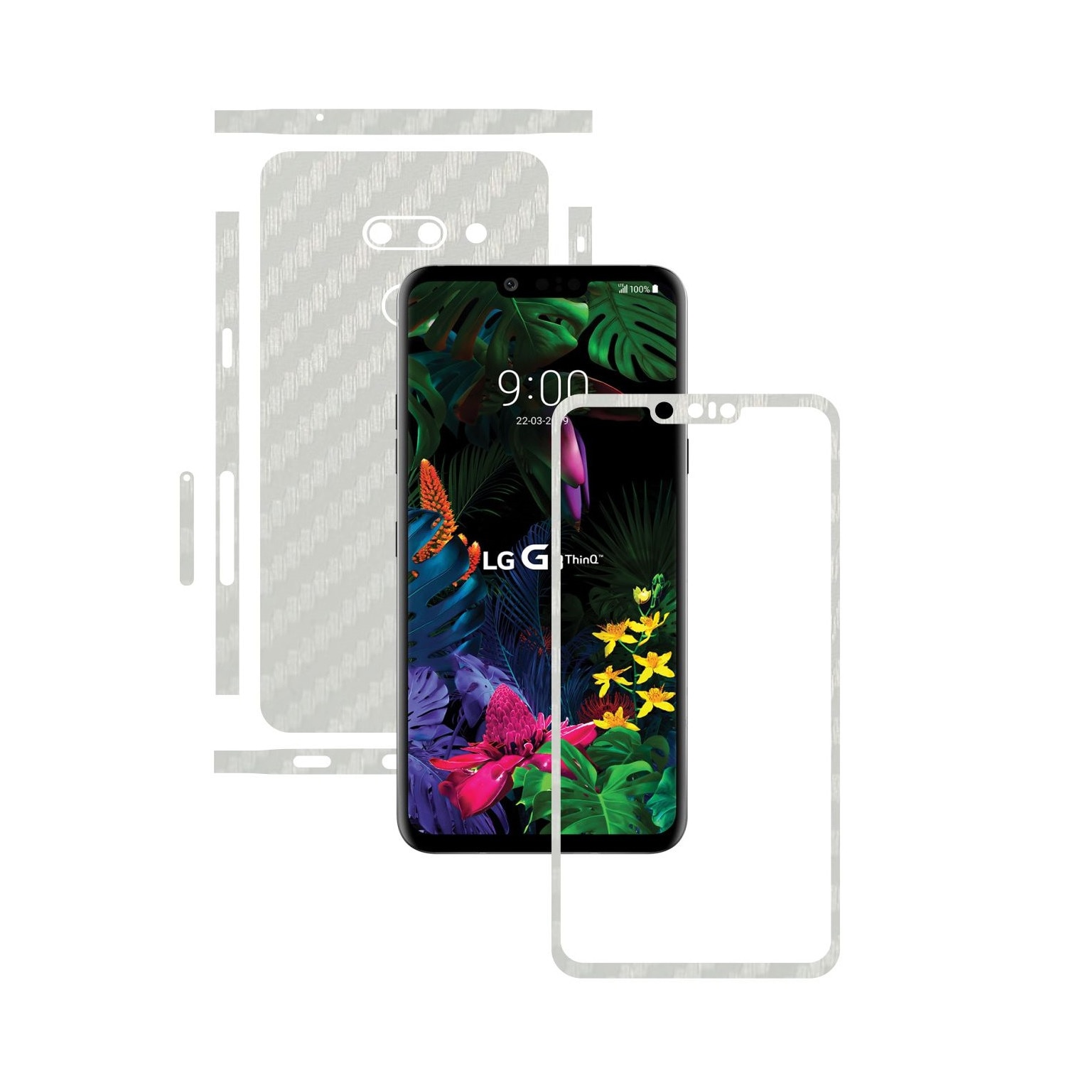 Folie Protectie Carbon Skinz pentru LG G8 ThinQ - Carbon Alb Split Cut, Skin Adeziv Full Body Cover pentru Rama Ecran, Carcasa Spate si Laterale