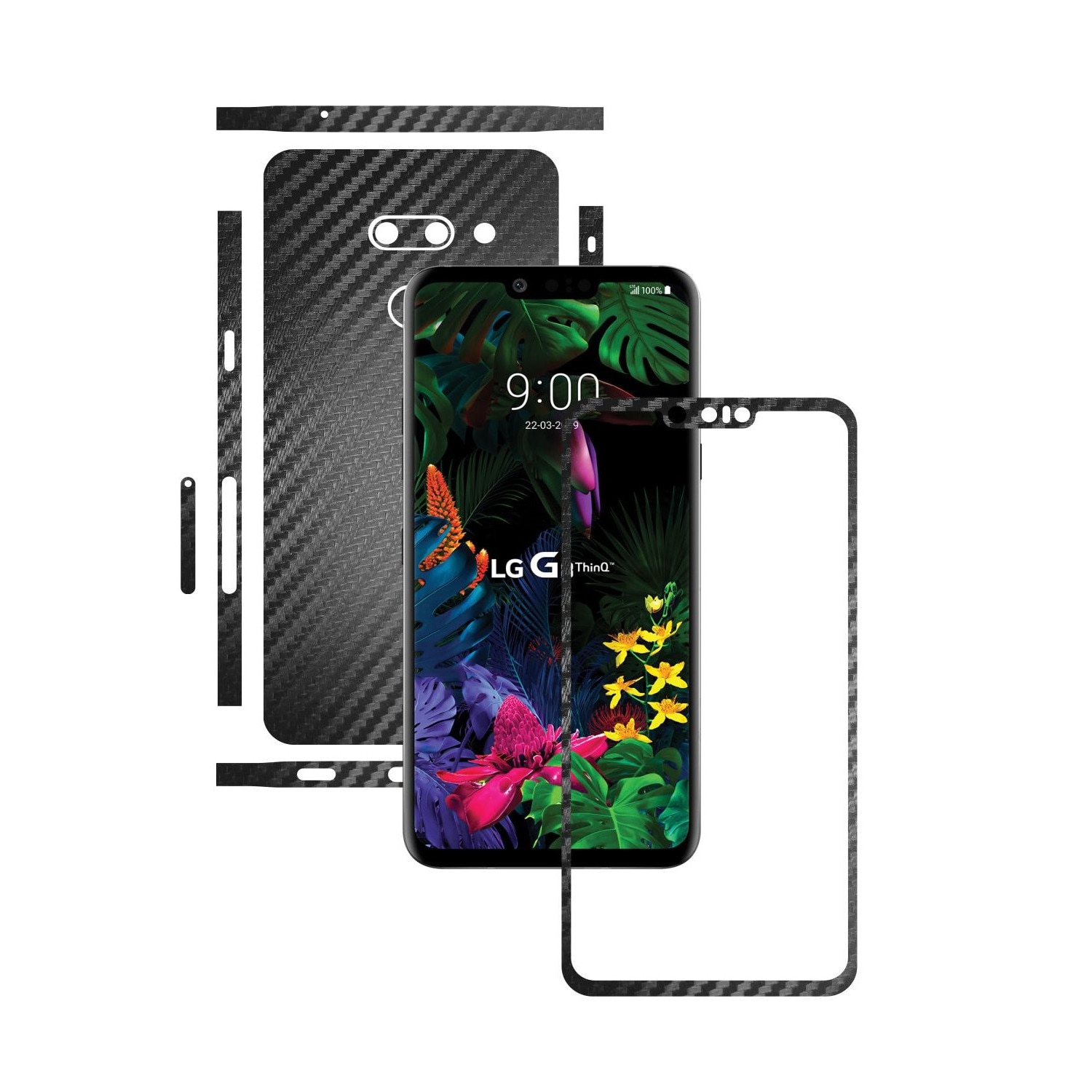 Folie Protectie Carbon Skinz pentru LG G8 ThinQ - Carbon Negru Split Cut, Skin Adeziv Full Body Cover pentru Rama Ecran, Carcasa Spate si Laterale