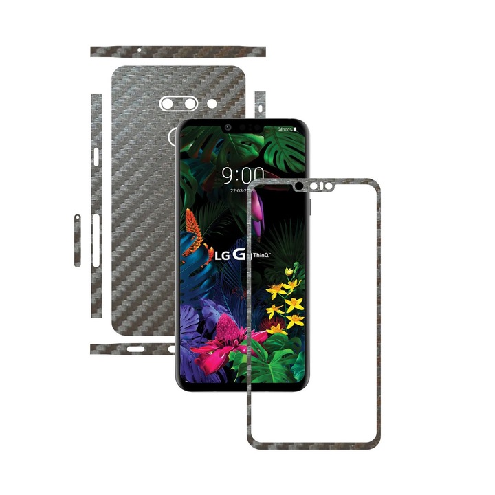 Защитно фолио Carbon Skinz за LG G8 ThinQ - Carbon Grey Silver Split Cut, Full Body Cover Adhesive Skin за рамката на екрана, задните и страничните капаци