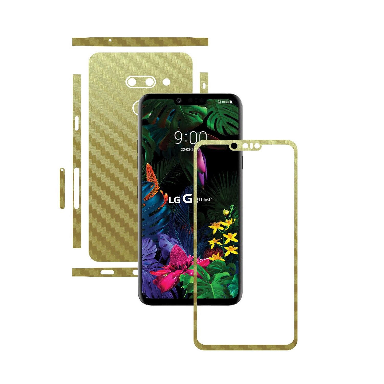 Folie Protectie Carbon Skinz pentru LG G8 ThinQ - Carbon Auriu Split Cut, Skin Adeziv Full Body Cover pentru Rama Ecran, Carcasa Spate si Laterale