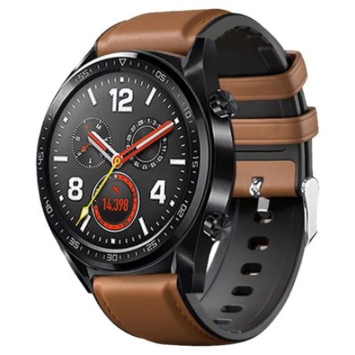Каишка Smart Pulse естествена кожа + силикон 22 мм за Huawei watch GT/GT2/GT2 Pro, Watch 3/Watch 3 pro, Samsung watch 46 и др .цвят светло кафяв