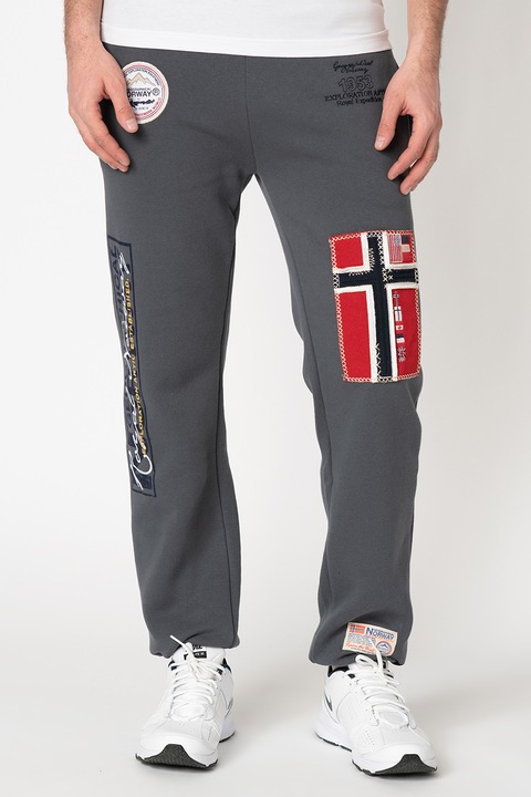 Geographical Norway, Pantaloni de trening cu aplicatii logo Myer, Gri inchis/Bleumarin