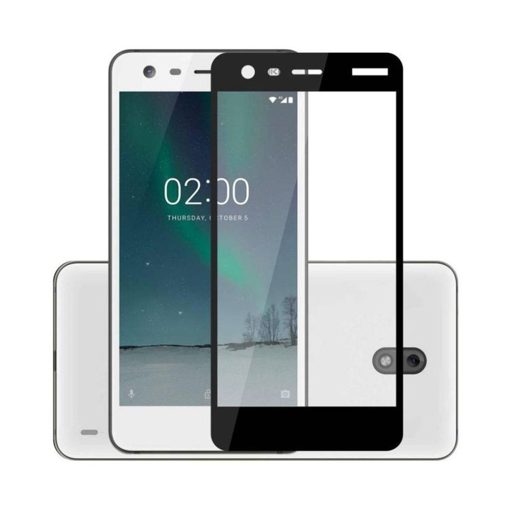 Protector de sticla Hicute pentru Nokia 2, pentru ecran complet, adeziv complet, capac complet, negru