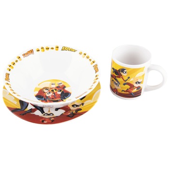 Set 3 piese pentru mic dejun The Incredibles Disney, cu farfurie intinsa, bol si cana, ceramica, Multicolor Set 3 piese pentru mic dejun The Incredibles Disney, cu farfurie intinsa, bol si cana, ceramica, Multicolor