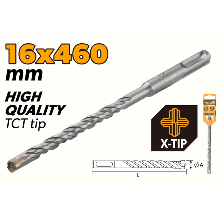 Burghiu SDS-plus TOLSEN 16x450 mm tip X, TCT, otel aliat cromat, flaut dublu pentru evacuare eficienta, finisaj cu nisip fin, coada SDS-plus, calitate industriala
