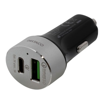 Incarcator auto Quick Charge DELTACO, USB-C Qualcomm 3.0, 6A, 1xUSB-C, 1xUSB, intrare 12-18V CC, negru / argintiu Incarcator auto Quick Charge DELTACO, USB-C Qualcomm 3.0, 6A, 1xUSB-C, 1xUSB, intrare 12-18V CC, negru / argintiu