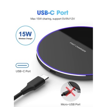 Incarcator Wireless super Fast Charging 15W ,Pad QI iPhone, Samsung , Black , Negru Incarcator Wireless super Fast Charging 15W ,Pad QI iPhone, Samsung , Black , Negru