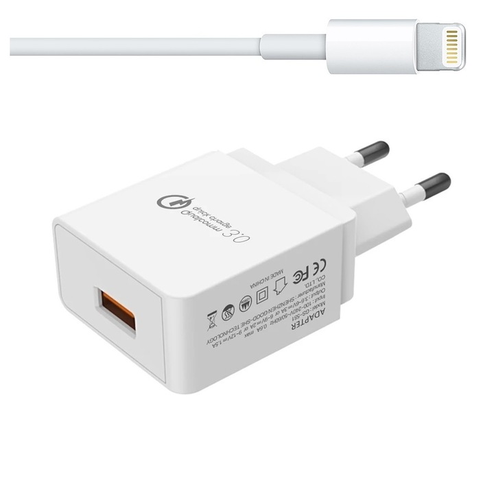 Maxcell Eredeti töltő adapter és lightning kábel iPhone-hoz, Qualcom 3.0 gyorstöltés, QC 2.0, QC 3.0, A+++, Tűzálló