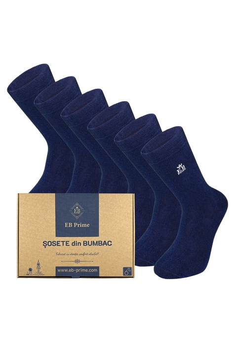 Set 6 perechi, Sosete din bumbac pieptanat, EB Prime, fara cusatura, respirabile si confortabile, Albastru