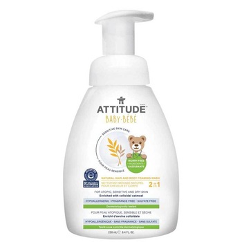 Spuma ecologica pentru par si corp, fara miros, 2 in 1, Attitude Sensitive Skin, 250 ml Spuma ecologica pentru par si corp, fara miros, 2 in 1, Attitude Sensitive Skin, 250 ml