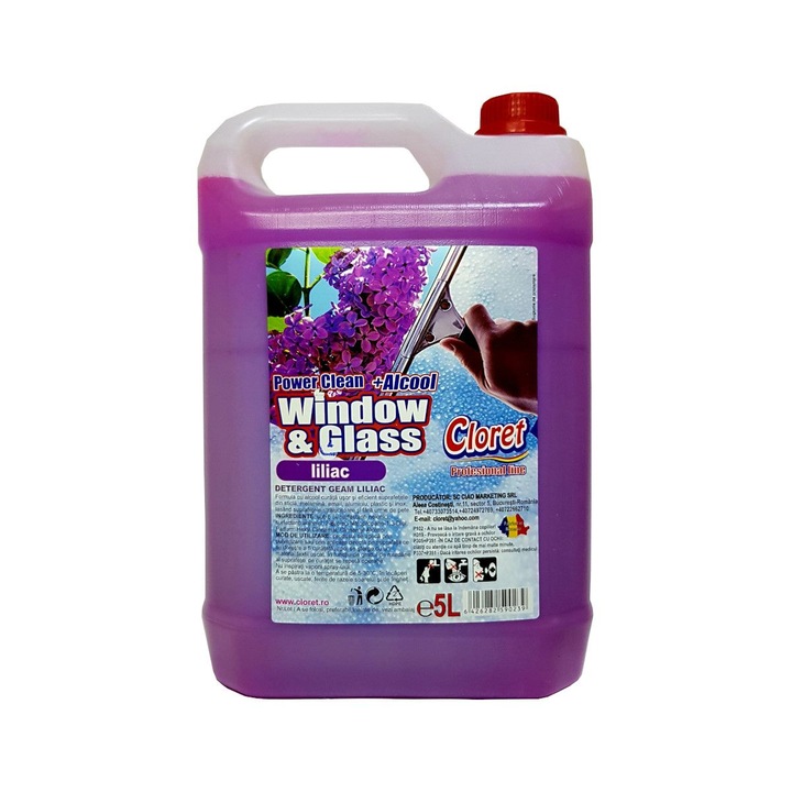 Solutie detergent pentru geamuri, Cloret, cu alcool, 5 L, Liliac