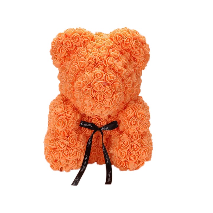 Ursulet floral Portocaliu, ursulet decorat manual cu trandafiri de spuma, Teddy Bear 40 cm, cutie decorativa inclusa