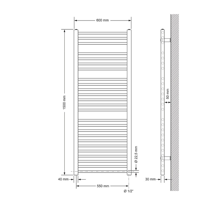 Radiator (calorifer) baie electric cu termostat 1200 W, ECD Germany, model Sahara, 600 x 1500 mm, alb, drept, racordare laterala, port-prosop