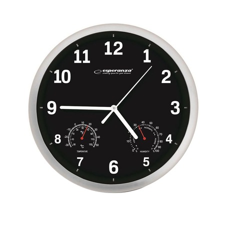 Ceas de perete Esperanza, Minimalist, Afisaj Temperatura si Umiditate, Mecanism cu cuart, Diametru 25 cm