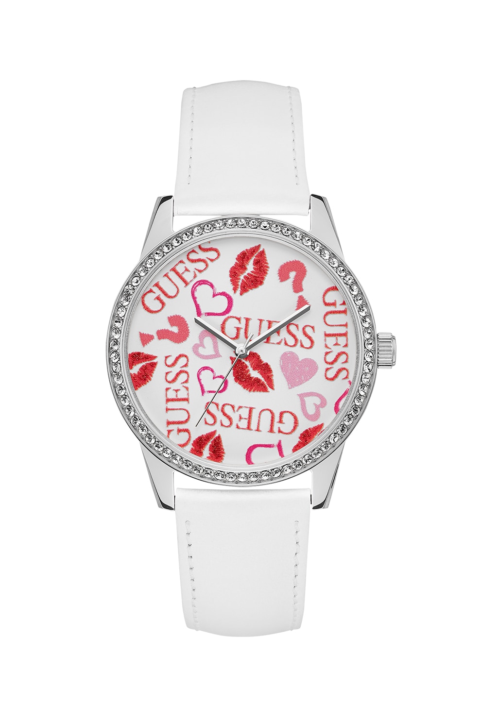Guess, Ceas analog decorat cu cristale, Alb/Rosu