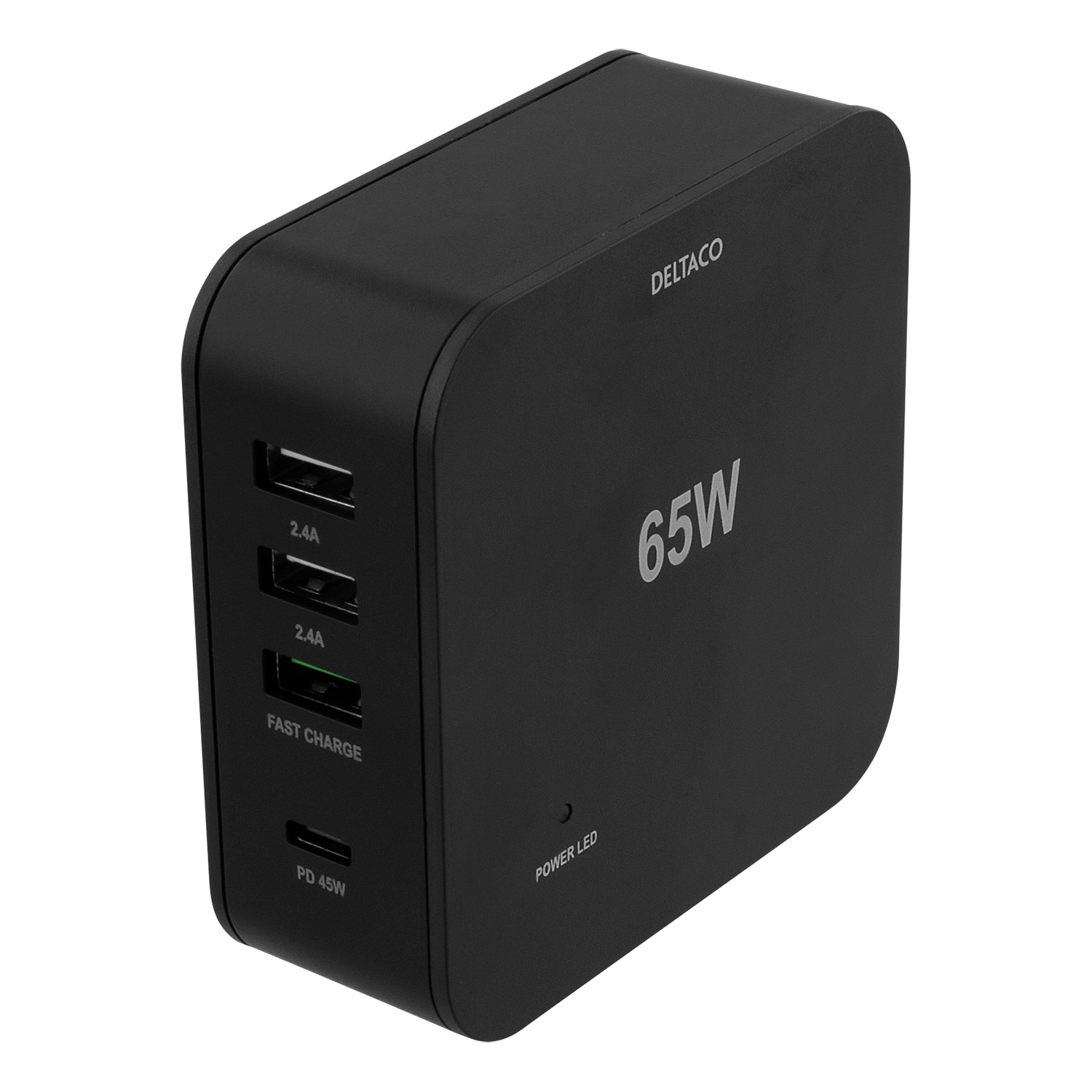 Statie de incarcare multiport fast charge DELTACO 65W, USB-C PD 45W, incarcare rapida 18W, 1xUSB 3A si 2xUSB 2.4A max 12W, negru