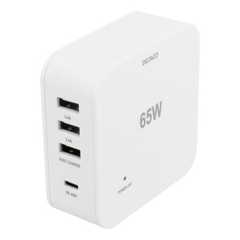 Statie de incarcare multiport fast charge DELTACO 65W, USB-C PD 45W, incarcare rapida 18W, 1xUSB 3A si 2xUSB 2.4A max 12W, alb Statie de incarcare multiport fast charge DELTACO 65W, USB-C PD 45W, incarcare rapida 18W, 1xUSB 3A si 2xUSB 2.4A max 12W, alb