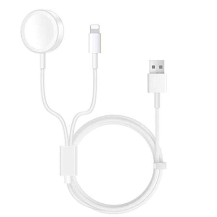 2 в 1 Lightning и USB кабел за зареждане на iPhone и Apple Watch, 1,2 м, бял